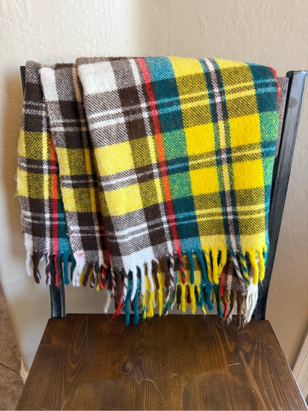 Vintage Wool Plaid Blanket Throw Retro Plaid Throw Blanket Fringed Cozy 60s 70s